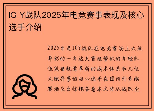 IG Y战队2025年电竞赛事表现及核心选手介绍
