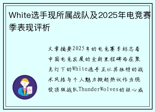 White选手现所属战队及2025年电竞赛季表现评析
